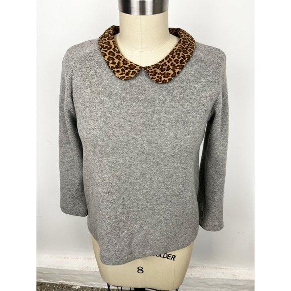 SANDRO Wool Cashmere Blend Sweater Leopard Peter Pan Collar Sz 2 Grey - Picture 1 of 10